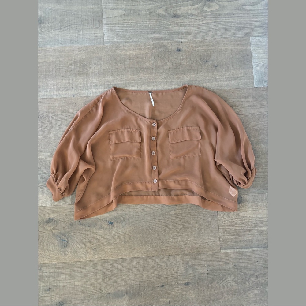 free people tan brown sheer button down blouse